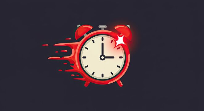 A red alarm clock with a white face and black hands, depicted in motion with a red speed trail and a glowing bell, against a dark background. - Powered by Adobe