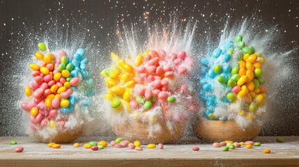Colorful bean varieties bursting like fireworks against a starry backdrop, each one releasing vibrant glowing life-energy particles, creating stunning visual display of energy, movement, color cosmic 