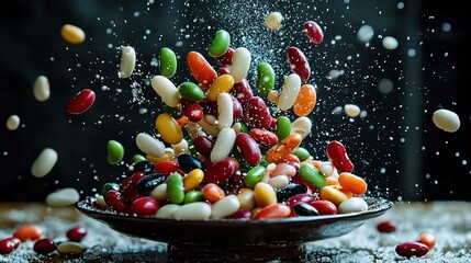 Colorful bean varieties bursting like fireworks against a starry backdrop, each one releasing vibrant glowing life-energy particles, creating stunning visual display of energy, movement, color cosmic 
