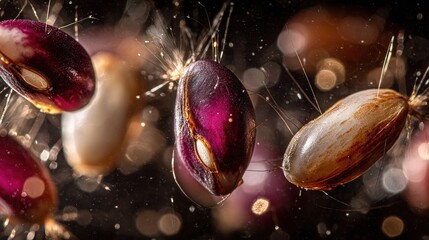 Colorful bean varieties bursting like fireworks against a starry backdrop, each one releasing vibrant glowing life-energy particles, creating stunning visual display of energy, movement, color cosmic 