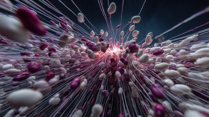 Colorful bean varieties bursting like fireworks against a starry backdrop, each one releasing vibrant glowing life-energy particles, creating stunning visual display of energy, movement, color cosmic 
