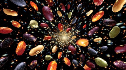Colorful bean varieties bursting like fireworks against a starry backdrop, each one releasing vibrant glowing life-energy particles, creating stunning visual display of energy, movement, color cosmic 