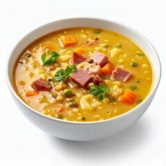 Hearty split pea and ham soup served in a white bowl isolated on white