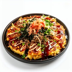 Savory Japanese pancake okonomiyaki dish adorned with toppings presented on white background