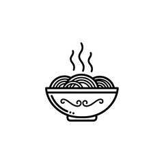 A minimalist black line art icon of a steaming hot bowl of noodles or ramen, isolated on a white background.