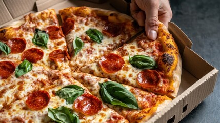 Hand holding pepperoni pizza slice with fresh basil in cardboard box. National Pizza Month