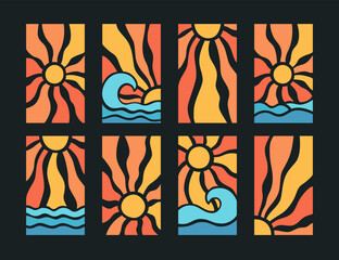Yellow sun rays and blue sea beach psychedelic background. Wavy rays in boho groovy style. Abstract sun burst poster. Nature texture. 70s, 80s design bg. Vector illustration isolated black background.