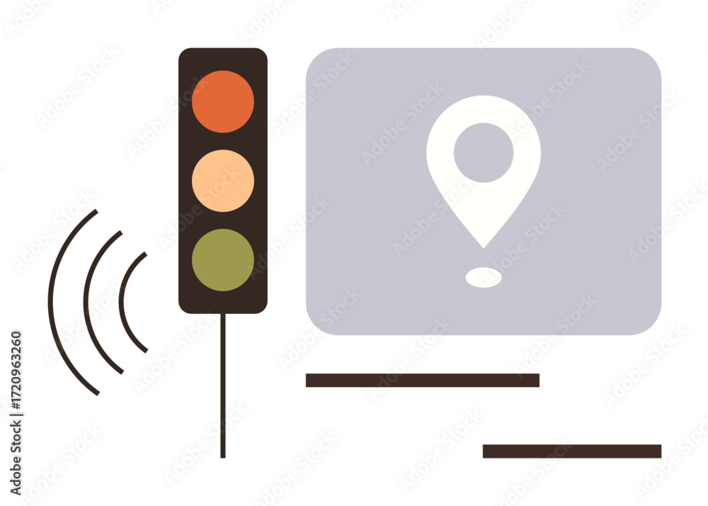 Poster traffic light with signal waves and navigation pin on a screen. ideal for transportation, navigation