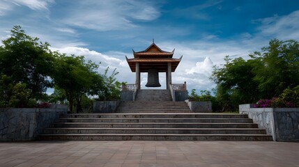 Obraz premium A grand Buddhist bell pavilion stands atop a stone staircase under a bright cloudy blue sky