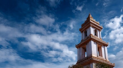 A historical stone bell tower with ornate architectural elements and visible bells stands prominently against a vivid blue sky filled with soft white
