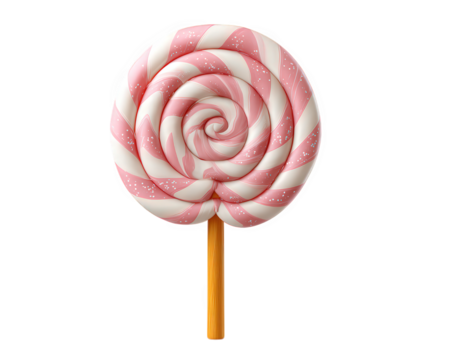Delightful pink and white swirl lollipop with glitter, sweet candy confection on stick. This fun, isolated sugary treat perfect dessert for party celebration