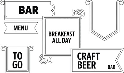 Collection of decorative frames and banners for cafe and bar signage, announcing menu, breakfast, and craft beer.