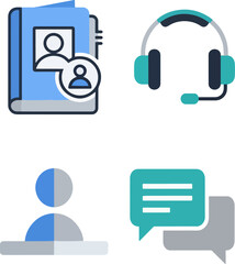 Fototapeta premium Collection of communication symbols representing contact book, headset, user profile, and speech bubbles on white, suggesting connection and support.