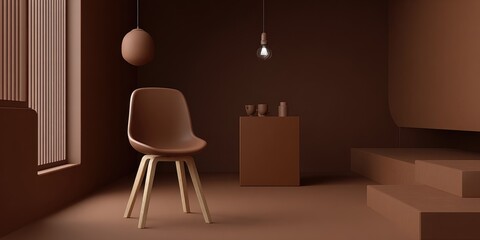 A minimalist, terracotta-toned room showcases a simple chair and pendant light, bathed in soft lighting.