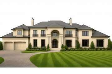 Luxury mansion with spacious manicured lawn and curved driveway, representing affluent suburban lifestyle, transparent background