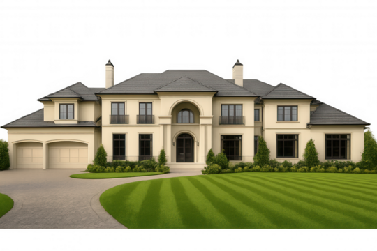 Luxury mansion with spacious manicured lawn and curved driveway, representing affluent suburban lifestyle, transparent background