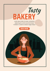 A young woman in an apron is mixing baking dough with a spoon. Bakery products