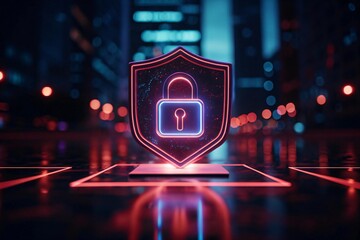 Cybersecurity shield protecting data with vibrant neon lights in the digital city, symbolizing online safety and security, offering peace of mind in the digital age