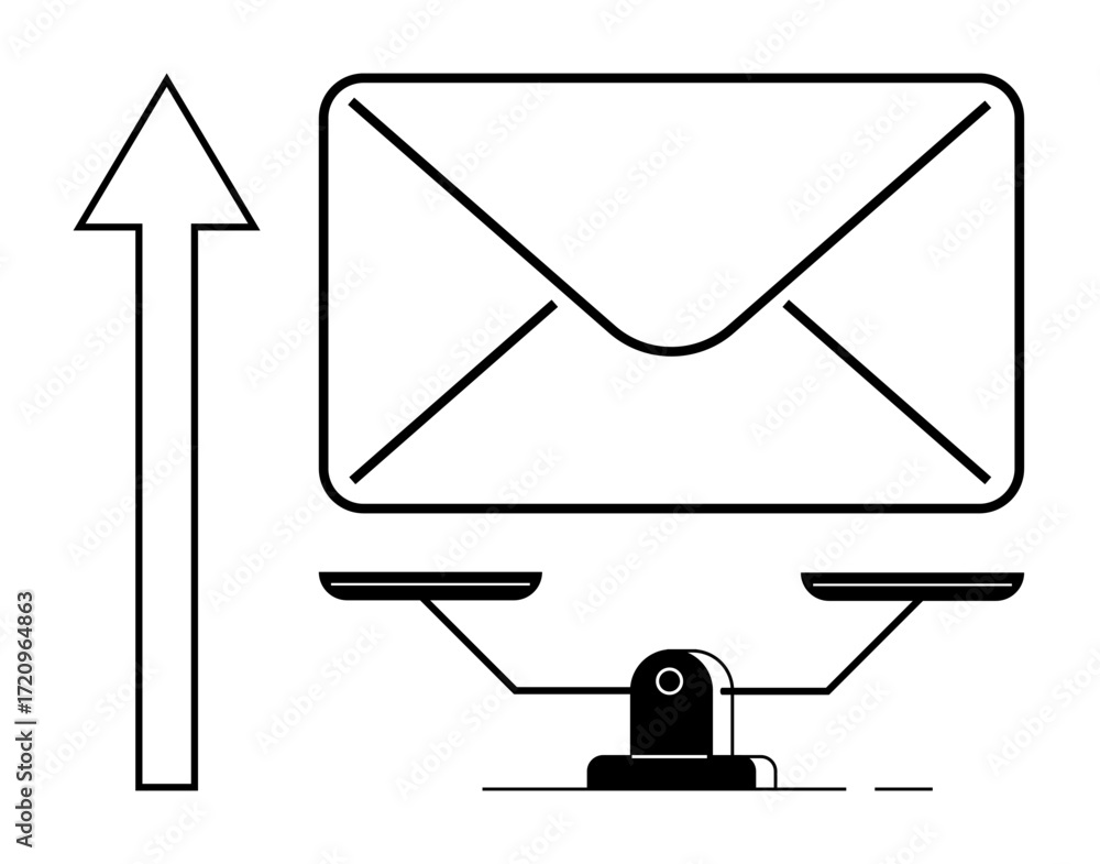 Poster envelope on balance scale with upward arrow symbolizing email communication, efficiency, scaling, ba