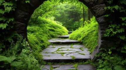 Spiral path made of ancient stones leads to a hidden garden nook, blanketed in moss