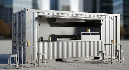 Sleek Silver Shipping Container Pop-Up Cafe with Outdoor Seating in Urban Setting.