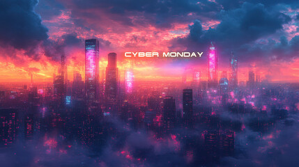 Futuristic city skyline at sunset with glowing Cyber Monday text written in the sky, mist covers skyscrapers, cyber monday deals theme, digital shopping and futuristic commerce concept