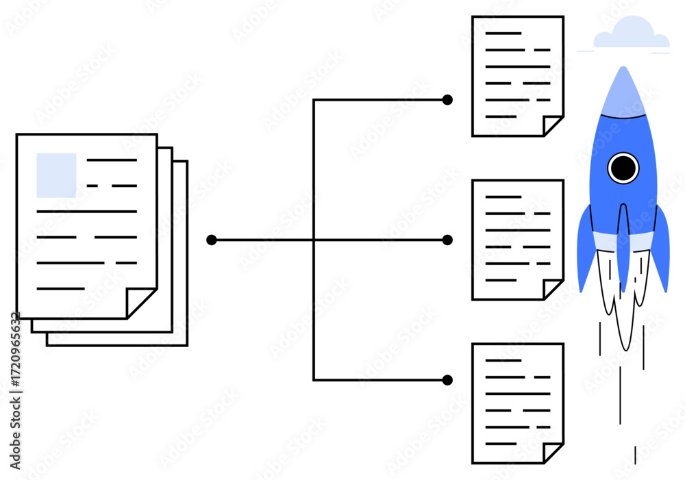 Poster stack of documents connected to single documents with branching diagram and blue rocket taking off. 