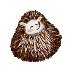 Funny long-eared hedgehog curled up in a ball,quietly dozing with a smile in its eyes.Hand-drawn character illustration in watercolor and colored pencils,created in a childlike cartoon style