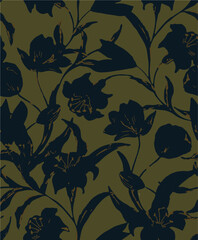 Big flower,Seamless watercolor floral pattern, flowers elements, green leaves branches on dark black background; for wrappers, wallpapers, postcards, greeting 