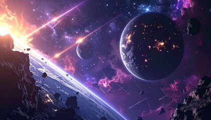 Dramatic Sci-Fi Space Scene: Planets, Meteors, and Nebula in Vibrant Purple and Orange Hues.