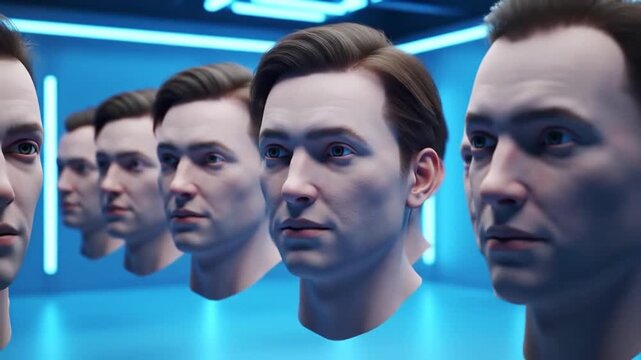 Multiple AI-generated human faces with digital particles in a futuristic blue environment