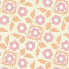A vibrant, seamless floral pattern with watercolor-style pink flowers and leaves on a white background