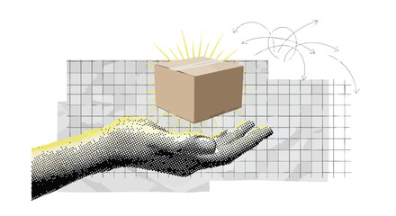 Get fast package delivery with this modern halftone hand graphic, ideal for shipping promotions and e-commerce advertisements that are modern and creative