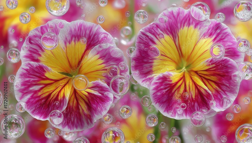 Poster two vibrant pansies, highlighted by colorful patterns and surrounded by delicate water bubbles, crea