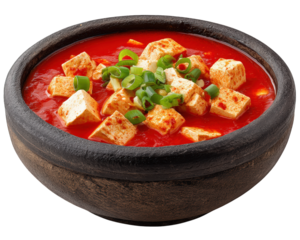 Spicy Sichuan mapo tofu, traditional Chinese and Asian cuisine dish. This savory food in bowl features soft tofu cubes in vibrant red chili sauce, creating zesty meal
