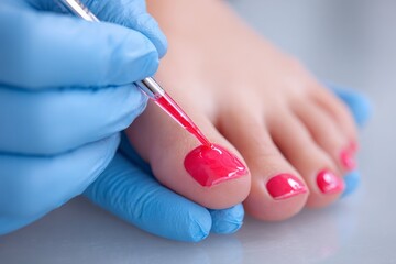 Applying vibrant red nail polish to a woman's toenails during a pedicure, with gloved hands holding the applicator for a precise and polished finish.