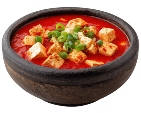 Spicy Sichuan mapo tofu, traditional Chinese and Asian cuisine dish. This savory food in bowl features soft tofu cubes in vibrant red chili sauce, creating zesty meal