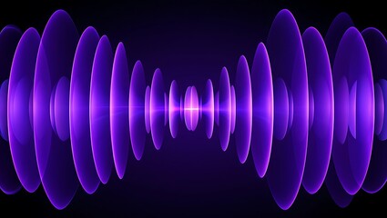 Vibrant purple sound wave visualization with symmetrical pulsating bars and glowing center representing audio frequency and digital music technology