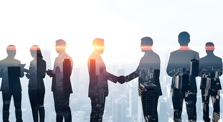 Obraz premium Business Team and Handshake Silhouettes Over a City