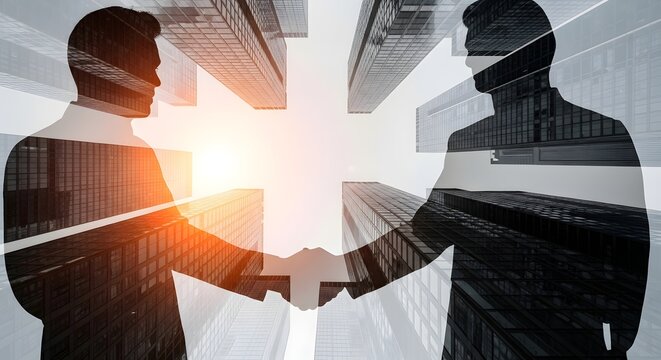 Worm's-Eye View of a Skyscraper Handshake Silhouette