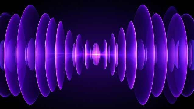 Vibrant purple sound wave visualization with symmetrical pulsating bars and glowing center representing audio frequency and digital music technology