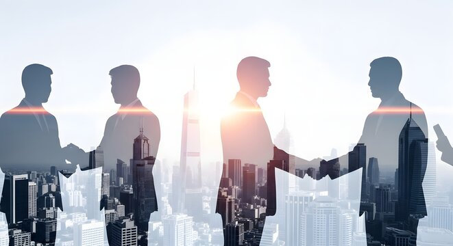 Multiple Business Handshake Silhouettes and Cityscape