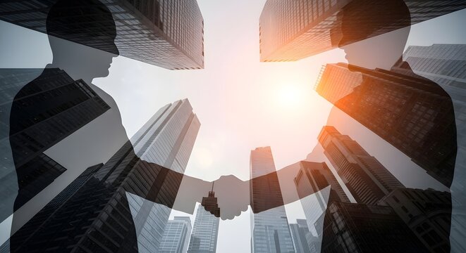 Business Handshake Silhouette Under a Skyscraper Circle