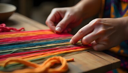 Close-Up of Artisan Hands Weaving Colorful Threads on Traditional Wooden Loom