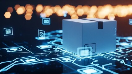 Digital Supply Chain - Box on Circuit Board with Glowing Icons. - Powered by Adobe
