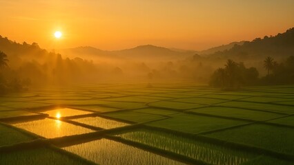 Golden Sunrise Over Paddy Fields