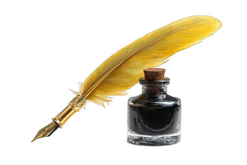 Golden quill pen beside dark ink bottle