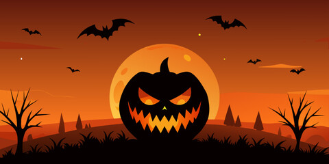Illustration of spooky halloween pumpkin with glowing eyes and bats flying in the night sky with a full moon behind it, creating a frightening and eerie atmosphere for the holiday celebration