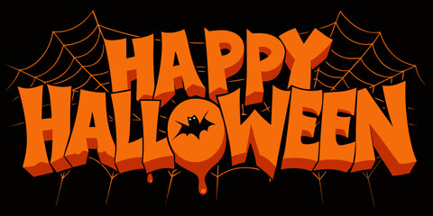 Illustration of bold orange text spelling happy halloween with a spiderweb design and a dripping effect, set against a, perfect for festive holiday greetings and decorations