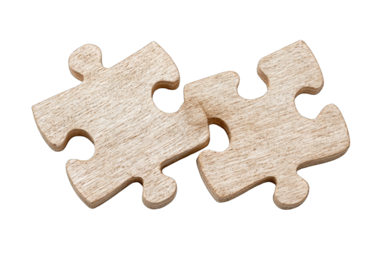 Two light-tan wooden puzzle pieces joined